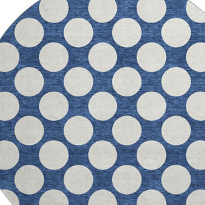 HomeRoots 8' Navy Blue and Ivory Polka Dot Round Rug - Washable, UV-Protected, Durable for Family Spaces 673234