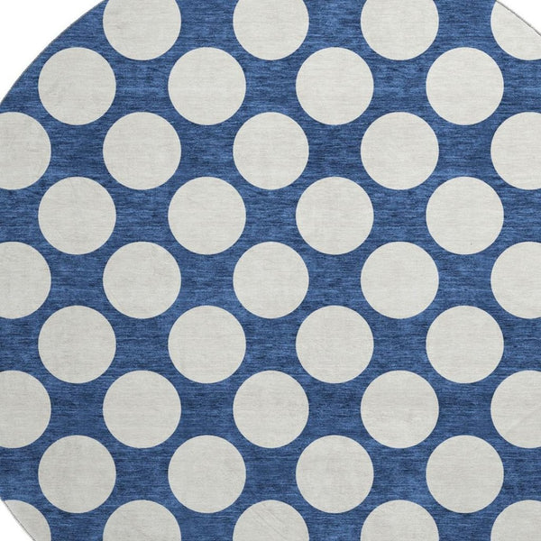 HomeRoots 8' Navy Blue and Ivory Polka Dot Round Rug - Washable, UV-Protected, Durable for Family Spaces 673234