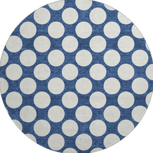 HomeRoots 8' Navy Blue and Ivory Polka Dot Round Rug - Washable, UV-Protected, Durable for Family Spaces 673234