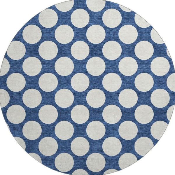 HomeRoots 8' Navy Blue and Ivory Polka Dot Round Rug - Washable, UV-Protected, Durable for Family Spaces 673234