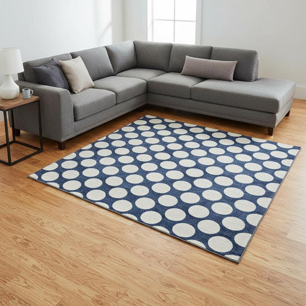 HomeRoots 8' X 10' Navy Blue & Ivory Polka Dot Area Rug – Washable, Stain-Resistant, UV-Protected & Stylish! 673235