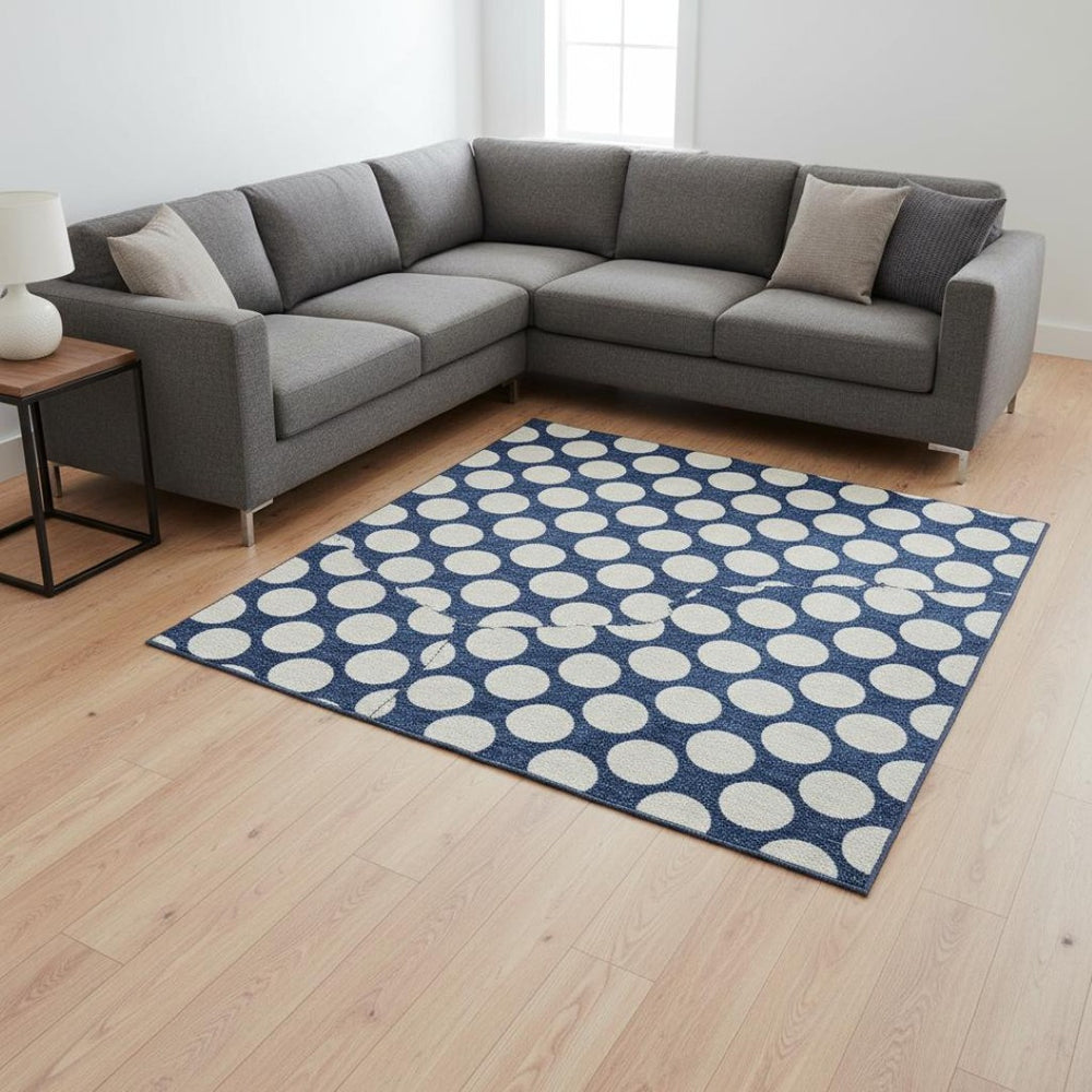 HomeRoots 9' X 12' Navy Blue Polka Dot Area Rug – Washable, UV-Protected, Durable & Stylish for Any Room 673236