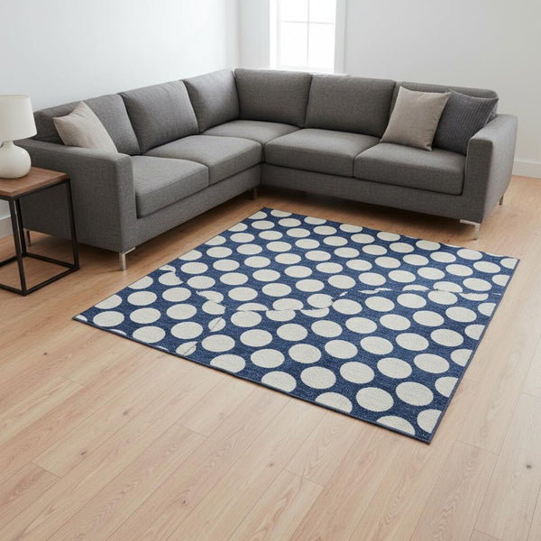 HomeRoots 9' X 12' Navy Blue Polka Dot Area Rug – Washable, UV-Protected, Durable & Stylish for Any Room 673236