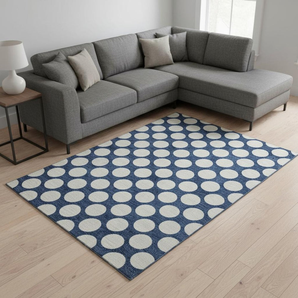 HomeRoots 10' Navy Blue & Ivory Polka Dot Washable Area Rug - Durable, Stain-Resistant, UV Protected Design! 673237