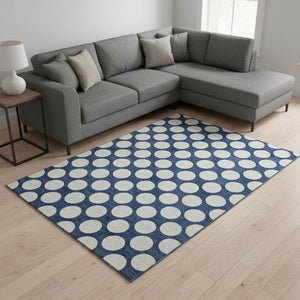 HomeRoots 10' Navy Blue & Ivory Polka Dot Washable Area Rug - Durable, Stain-Resistant, UV Protected Design! 673237