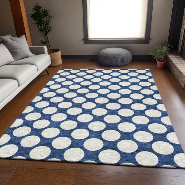 HomeRoots 10' Navy Blue & Ivory Polka Dot Washable Area Rug - Durable, Stain-Resistant, UV Protected Design! 673237