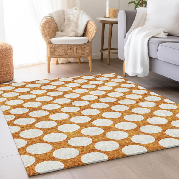 HomeRoots 10' X 14' Orange & Ivory Polka Dot Washable Area Rug – Stylish, Durable, UV Protected for Homes 673243