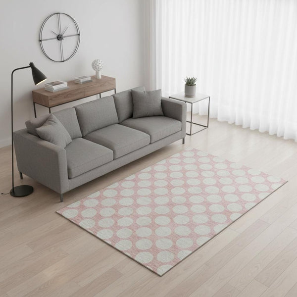 HomeRoots 5' X 8' Cheerful Pink & Ivory Polka Dot Washable Area Rug with UV Protection for Easy Care & Style 673245