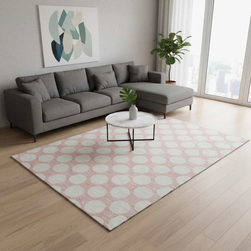 HomeRoots 8' X 10' Stylish Pink & Ivory Polka Dot Washable Area Rug with UV Protection for Family Spaces 673247