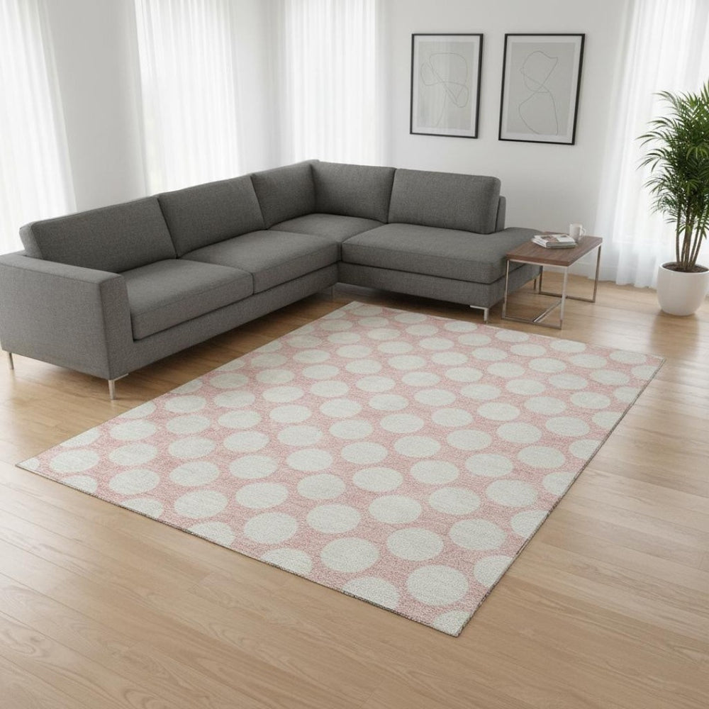 HomeRoots 10' Pink and Ivory Polka Dot Washable Area Rug - Durable, UV-Protected, Perfect for Playrooms & Living Spaces! 673249