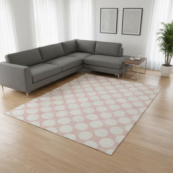 HomeRoots 10' Pink and Ivory Polka Dot Washable Area Rug - Durable, UV-Protected, Perfect for Playrooms & Living Spaces! 673249
