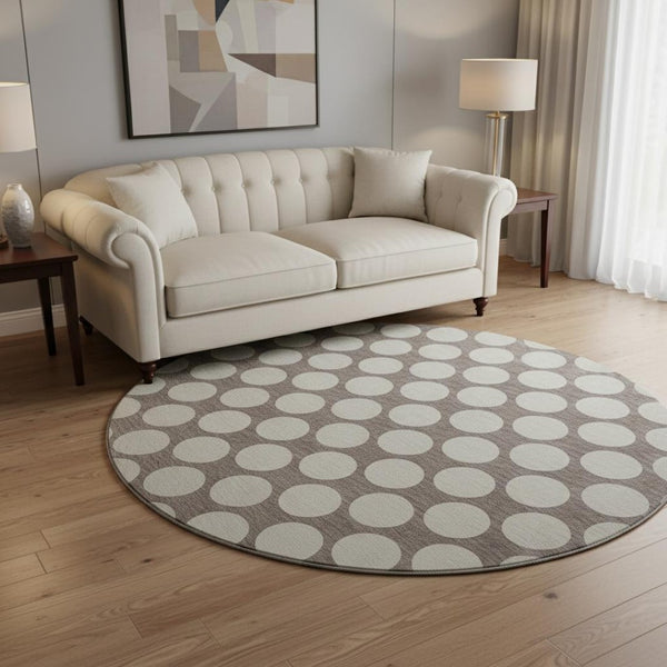 HomeRoots 8' Stylish Taupe & Ivory Polka Dot Washable Round Rug - Durable, UV Protected, Perfect for Families! 673252
