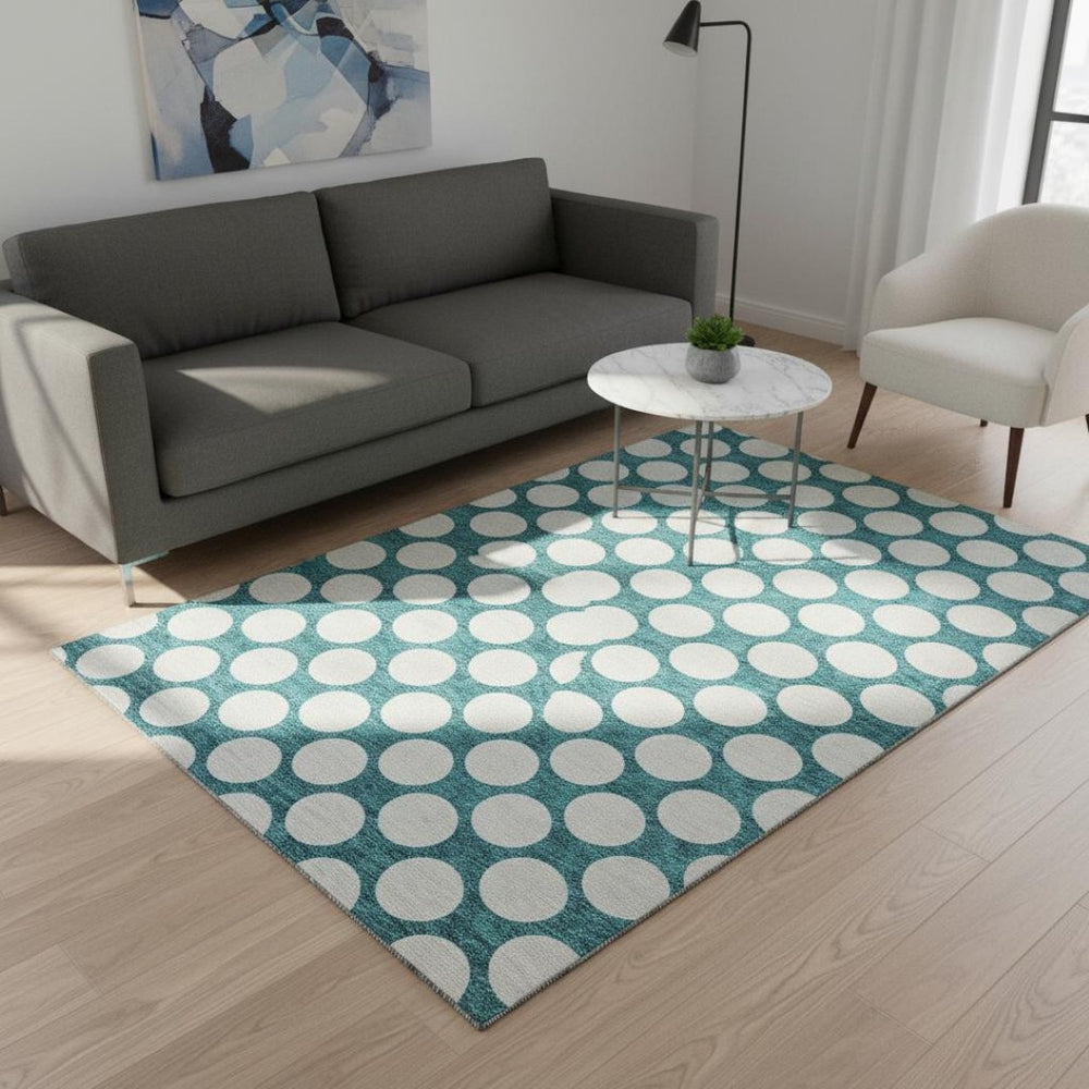 HomeRoots 5' X 8' Teal Polka Dot Washable Area Rug - Soft, Stain-Resistant, UV Protected for Homes with Kids & Pets 673257