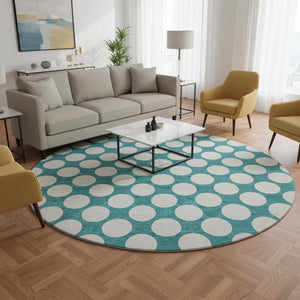HomeRoots 8' Teal and Ivory Polka Dot Round Rug - Stain-Resistant, UV Protected, Kid & Pet Friendly Decor Accent 673258