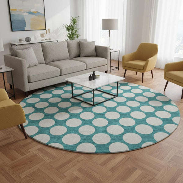 HomeRoots 8' Teal and Ivory Polka Dot Round Rug - Stain-Resistant, UV Protected, Kid & Pet Friendly Decor Accent 673258