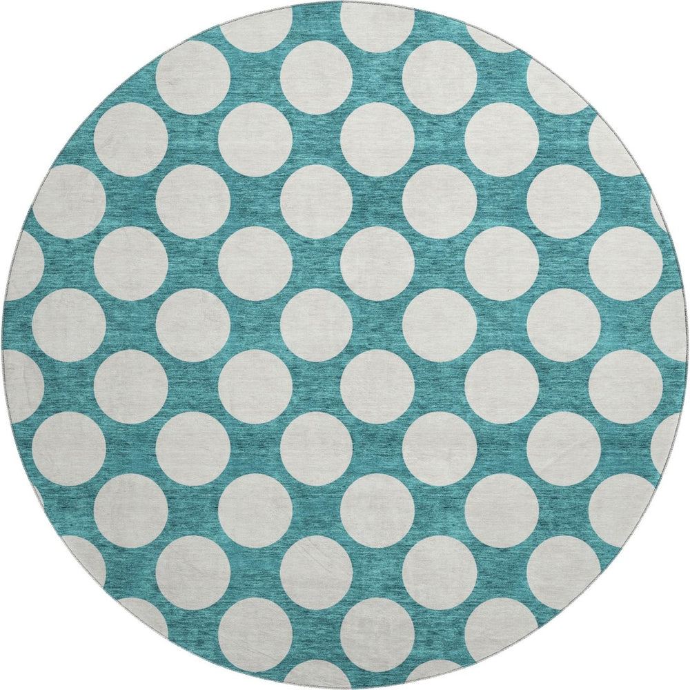 HomeRoots 8' Teal and Ivory Polka Dot Round Rug - Stain-Resistant, UV Protected, Kid & Pet Friendly Decor Accent 673258