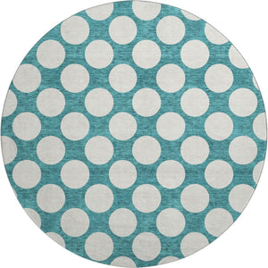 HomeRoots 8' Teal and Ivory Polka Dot Round Rug - Stain-Resistant, UV Protected, Kid & Pet Friendly Decor Accent 673258
