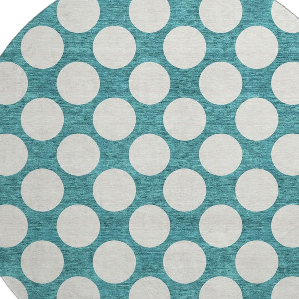 HomeRoots 8' Teal and Ivory Polka Dot Round Rug - Stain-Resistant, UV Protected, Kid & Pet Friendly Decor Accent 673258