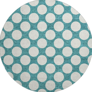 HomeRoots 8' Teal and Ivory Polka Dot Round Rug - Stain-Resistant, UV Protected, Kid & Pet Friendly Decor Accent 673258