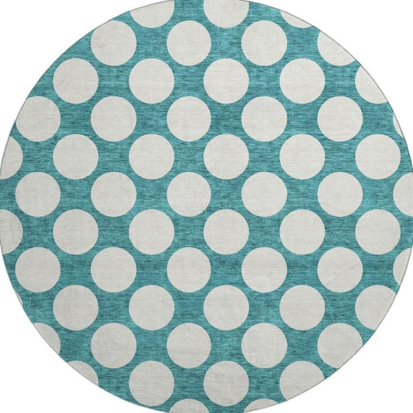 HomeRoots 8' Teal and Ivory Polka Dot Round Rug - Stain-Resistant, UV Protected, Kid & Pet Friendly Decor Accent 673258