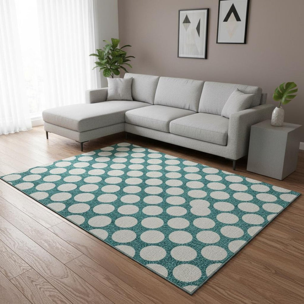 HomeRoots 8' X 10' Teal & Ivory Polka Dot Washable Area Rug - Durable, UV-Protected, Ideal for Families & Pets 673259