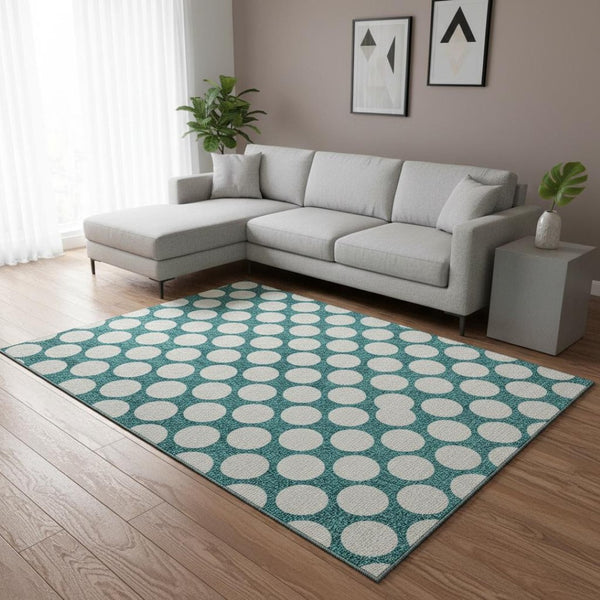 HomeRoots 8' X 10' Teal & Ivory Polka Dot Washable Area Rug - Durable, UV-Protected, Ideal for Families & Pets 673259