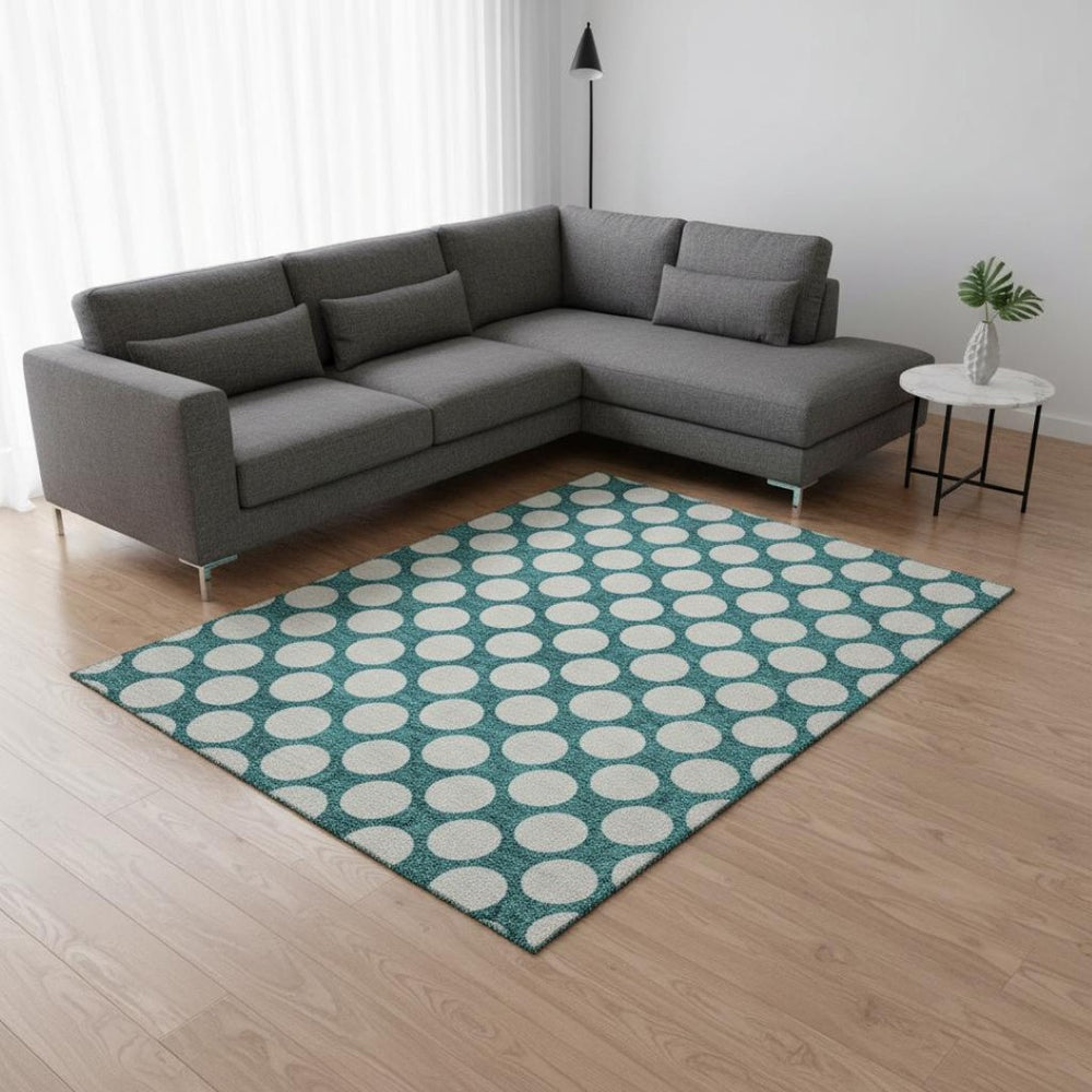 HomeRoots 9' X 12' Teal and Ivory Polka Dot Washable Area Rug - Stain Resistant with UV Protection for Homes 673260