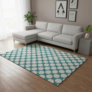 HomeRoots 10' X 14' Teal & Ivory Polka Dot Washable Area Rug - Durable, Stain-Resistant, UV Protected Design! 673261