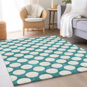 HomeRoots 10' X 14' Teal & Ivory Polka Dot Washable Area Rug - Durable, Stain-Resistant, UV Protected Design! 673261