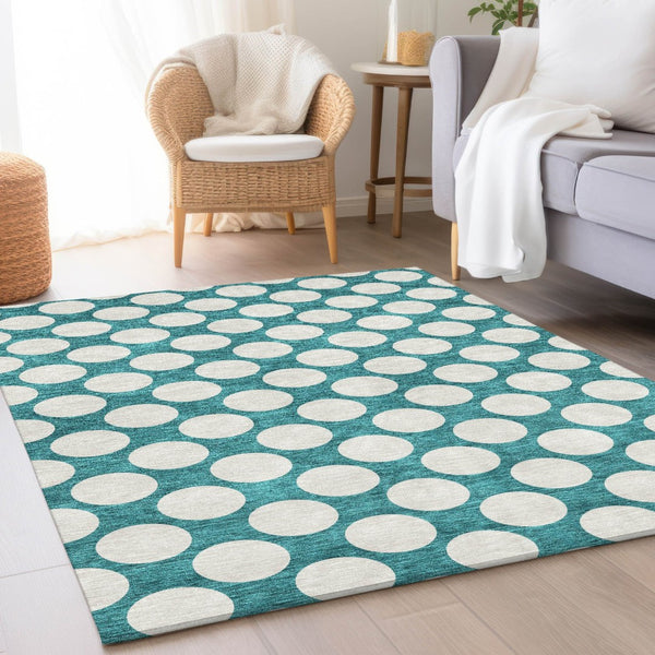 HomeRoots 10' X 14' Teal & Ivory Polka Dot Washable Area Rug - Durable, Stain-Resistant, UV Protected Design! 673261