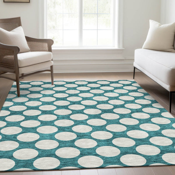 HomeRoots 10' X 14' Teal & Ivory Polka Dot Washable Area Rug - Durable, Stain-Resistant, UV Protected Design! 673261