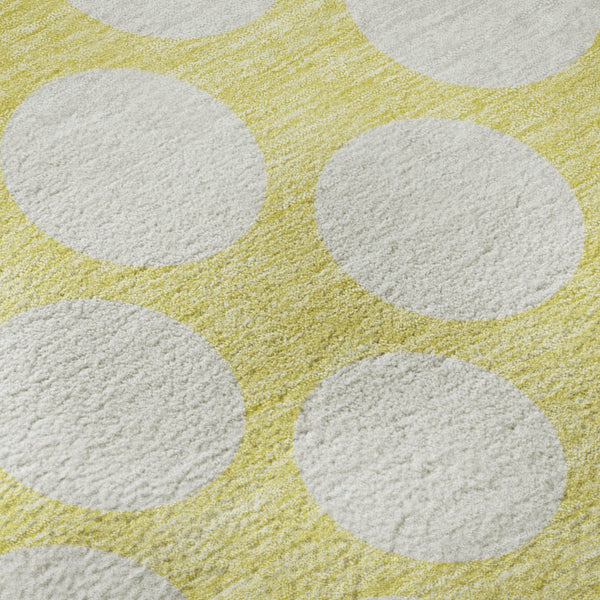 HomeRoots 8' Yellow Polka Dot Round Rug - Washable, UV Resistant, Soft, and Durable for Playrooms & Patios 673264
