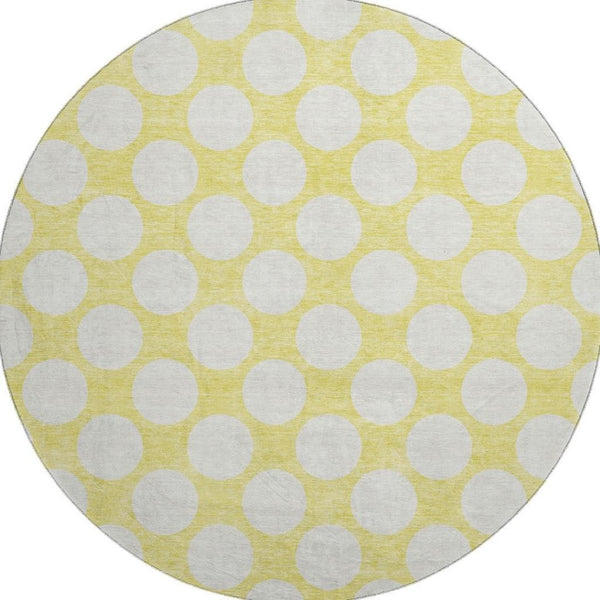 HomeRoots 8' Yellow Polka Dot Round Rug - Washable, UV Resistant, Soft, and Durable for Playrooms & Patios 673264