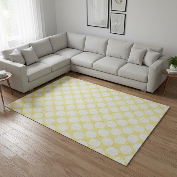 HomeRoots 8' X 10' Washable Yellow & Ivory Polka Dot Area Rug - Kid & Pet Friendly with UV Protection! 673265
