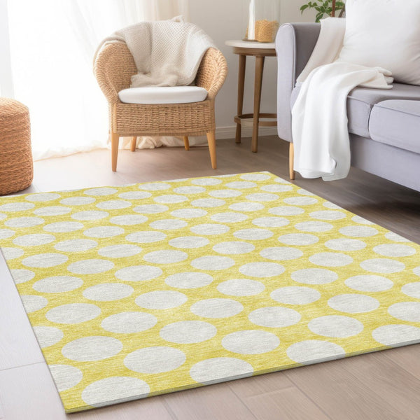 HomeRoots 9' x 12' Yellow and Ivory Polka Dot Area Rug - Durable, Washable, UV Protected for Busy Homes! 673266