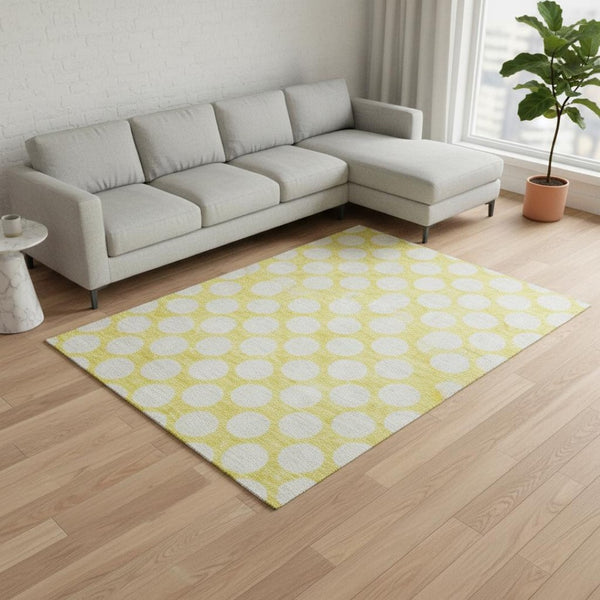 HomeRoots 10' Yellow & Ivory Polka Dot Washable Area Rug – UV Protected, Durable, Stain Resistant for Active Homes 673267