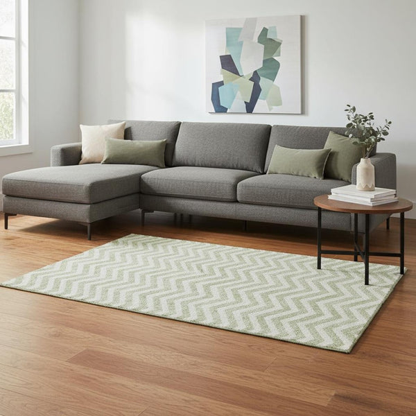 HomeRoots 9' X 12' Artichoke Green & Ivory Chevron Washable Rug - Stain Resistant, UV Protected, Modern Style 673272