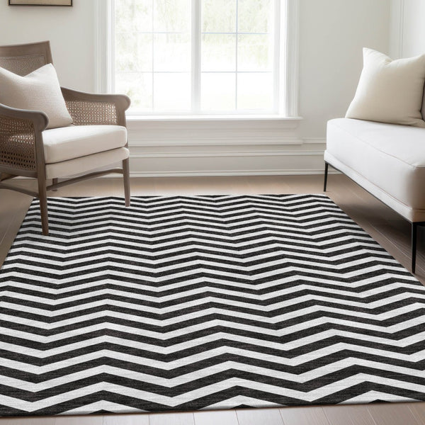 HomeRoots 9' X 12' Stylish Black and Ivory Chevron Washable Area Rug with UV Protection for Busy Homes 673278