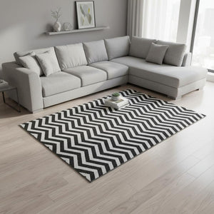 HomeRoots 10' X 14' Black And Ivory Chevron Washable Area Rug - Stylish, Durable, UV-Protected for High-Traffic Spaces 673279