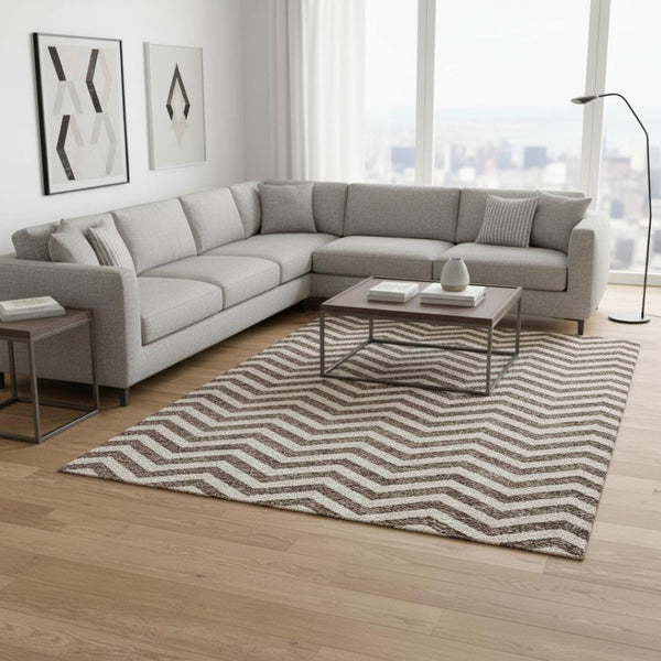 HomeRoots 8' X 10' Brown & Beige Chevron Area Rug - Washable, UV-Resistant, Perfect for Homes with Pets! 673283