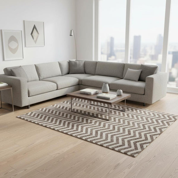 HomeRoots 9' X 12' Brown & Beige Chevron Area Rug - Washable, UV Protected, Stain Resistant for High Traffic Areas 673284