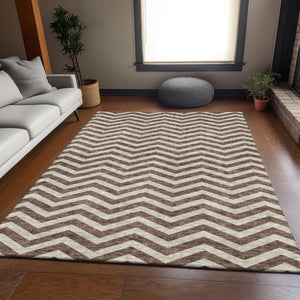 HomeRoots 9' X 12' Brown & Beige Chevron Area Rug - Washable, UV Protected, Stain Resistant for High Traffic Areas 673284