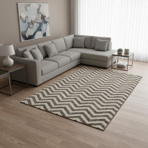 HomeRoots 10' X 14' Brown and Beige Chevron Area Rug - Durable, Washable, UV-Protected for Modern Living Spaces 673285