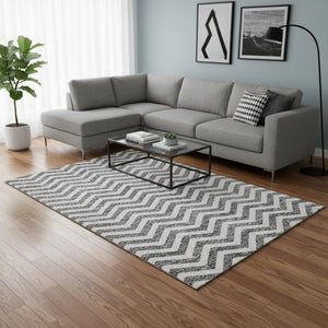 HomeRoots 8' X 10' Gray & Ivory Chevron Area Rug - Washable, UV Protected, Durable, Perfect for High-Traffic Areas 673289