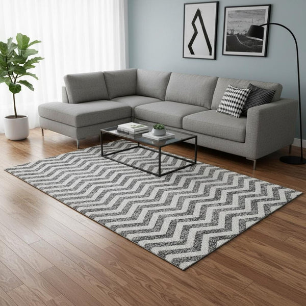 HomeRoots 8' X 10' Gray & Ivory Chevron Area Rug - Washable, UV Protected, Durable, Perfect for High-Traffic Areas 673289