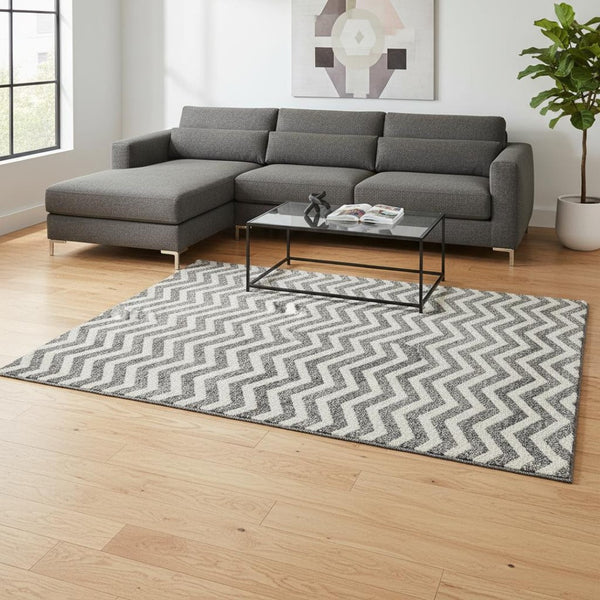 HomeRoots 9' X 12' Gray and Ivory Chevron Area Rug - Stylish, Durable, UV-Protected, Washable for Modern Homes 673290