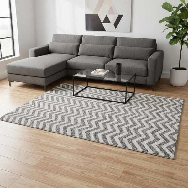 HomeRoots 10' Gray and Ivory Chevron Washable Area Rug - Durable, Stylish, UV-Protected for Busy Homes 673291
