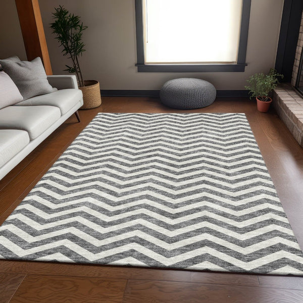 HomeRoots 10' Gray and Ivory Chevron Washable Area Rug - Durable, Stylish, UV-Protected for Busy Homes 673291