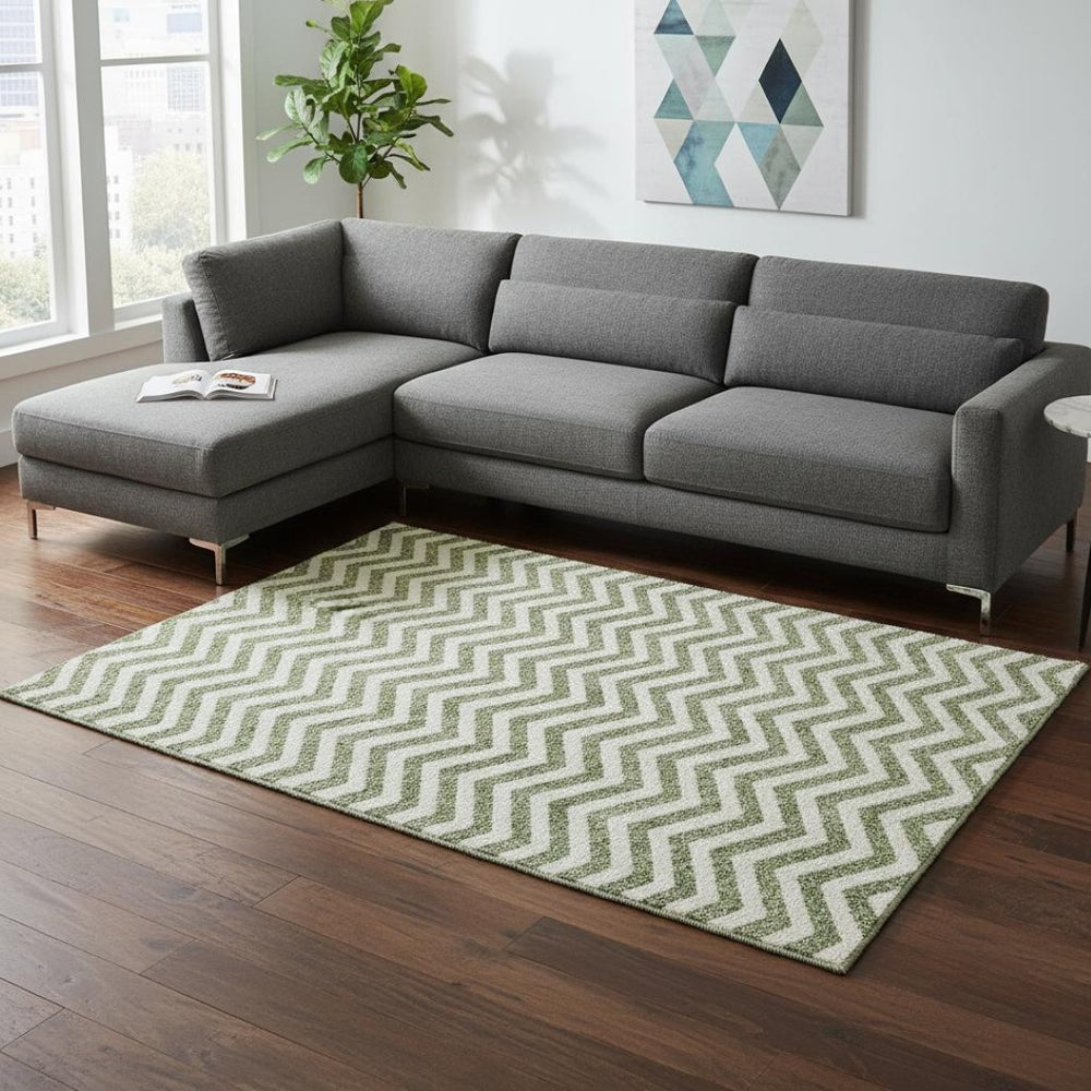 HomeRoots 8' X 10' Green and Ivory Chevron Area Rug with Washable Surface, UV Protection & Modern Style 673295