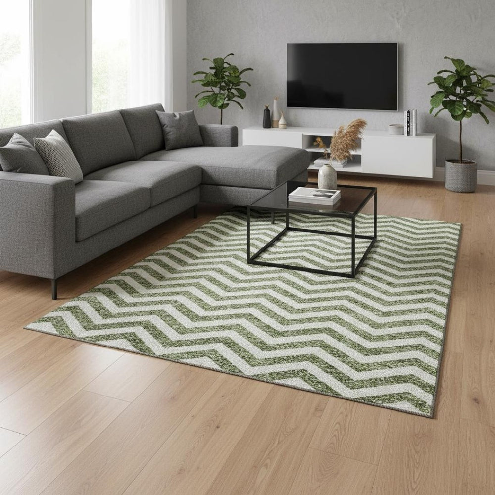 HomeRoots 9' X 12' Green and Ivory Chevron Area Rug - Washable, Stain-Resistant, UV Protected for Any Room 673296